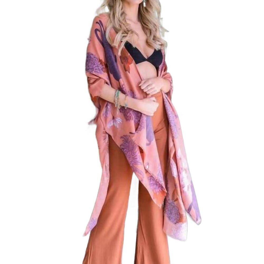 NEW LETO floral motif boho festival cover up kimono in roseclay